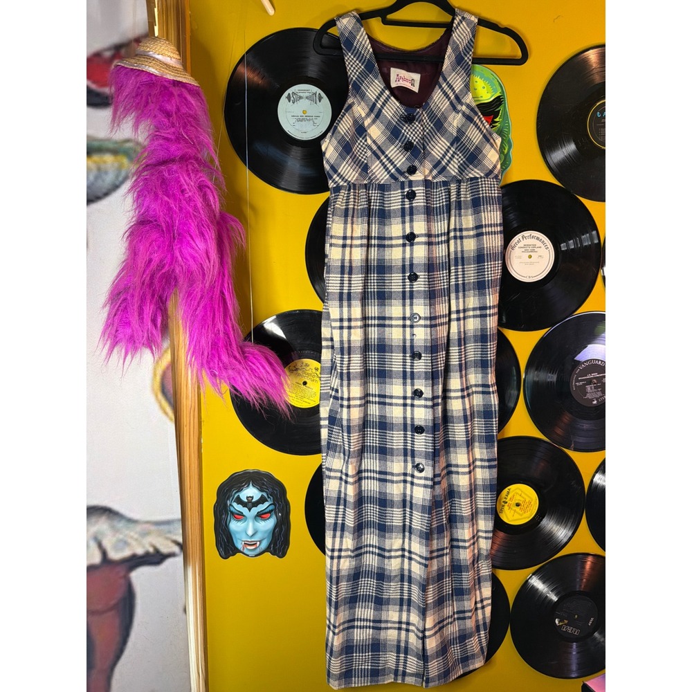 Vintage 60s 70s Artbro Jr Plaid Jumper Dress Blue Cream Button Front Midi